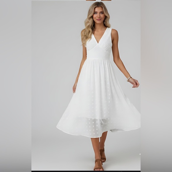 White Swiss Dot Ruched Bust Sleeveless A-line Dress - Picture 3 of 6